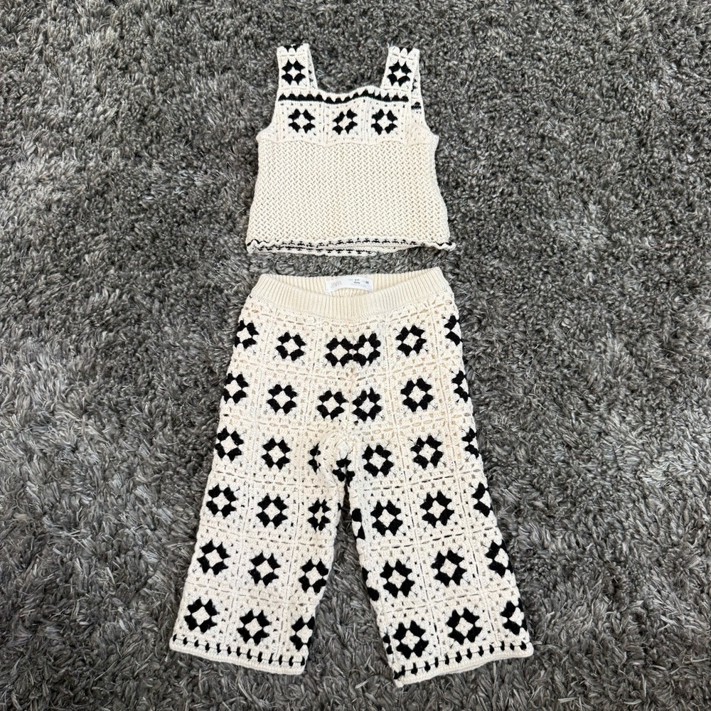 Zara Kids Crochet Knit Set in Cream and Black, Size 1.5 yrs (18 months)